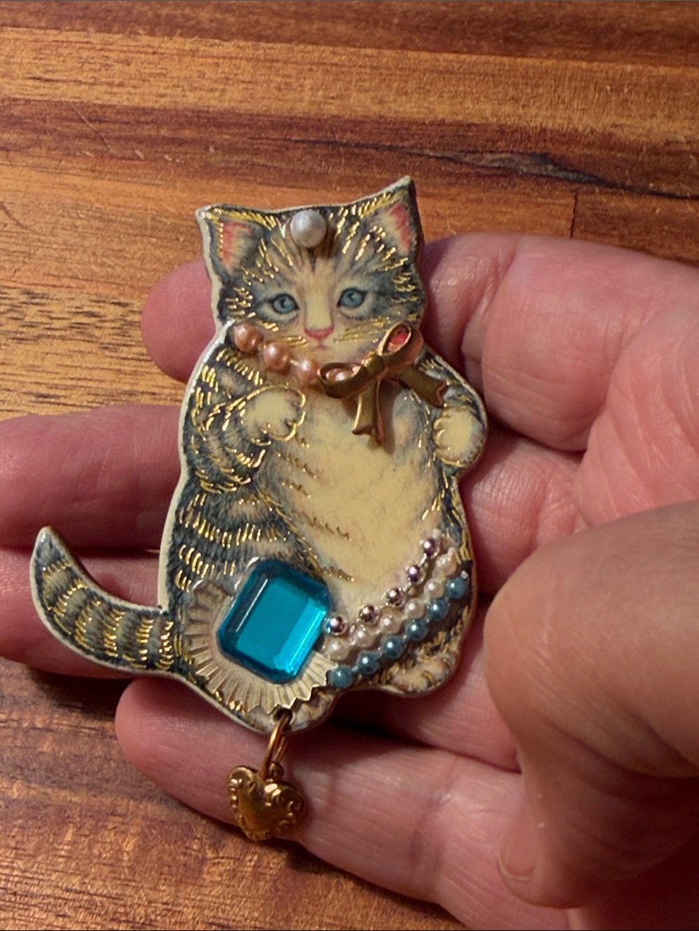 Tabby Cat Shape Bedazzled With Gold Foil Accent Brooch
